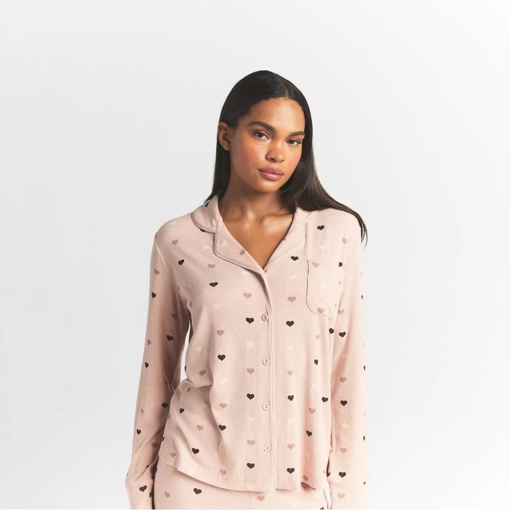 SKIMS Pink Heart-Print Button-Up Pajama Top & Bottom
